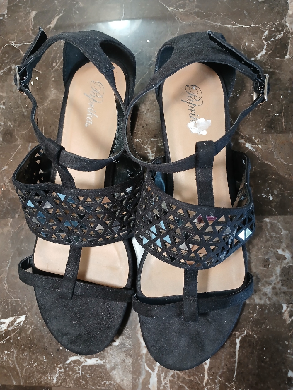Paprika Black Suede T‑Strap Sandals with Geometric Cutouts